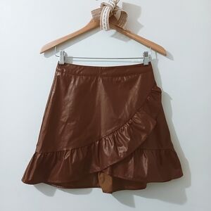 LilyMaes Spiced Brown Faux Leather Ruffled Mini Skirt